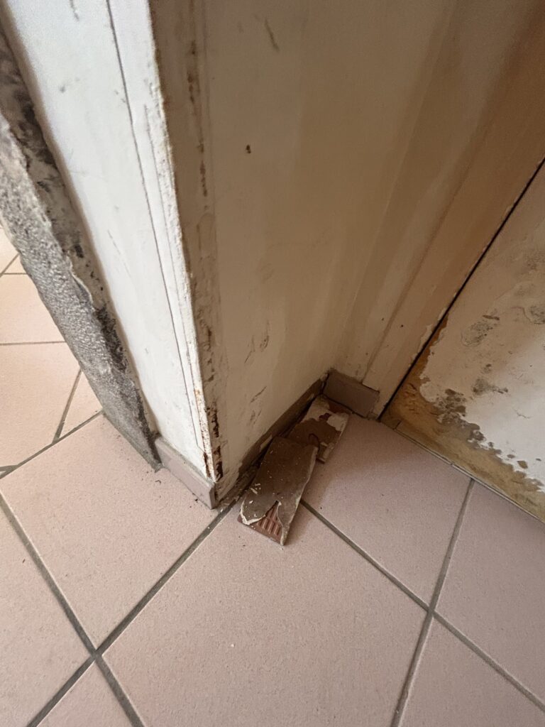 Dégradations au bas du mur avant rénovation