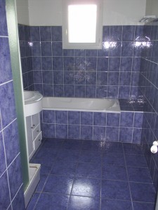 Ancienne salle de bain bleue avant rénovation à Saint-Gervais-sur-Roubion.