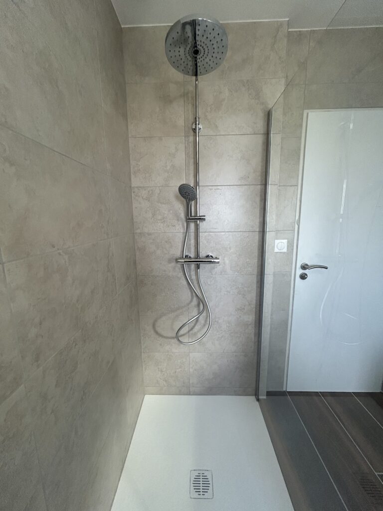 Douche à l'italienne avec receveur extra-plat et paroi en verre dans une salle de bain rénovée.