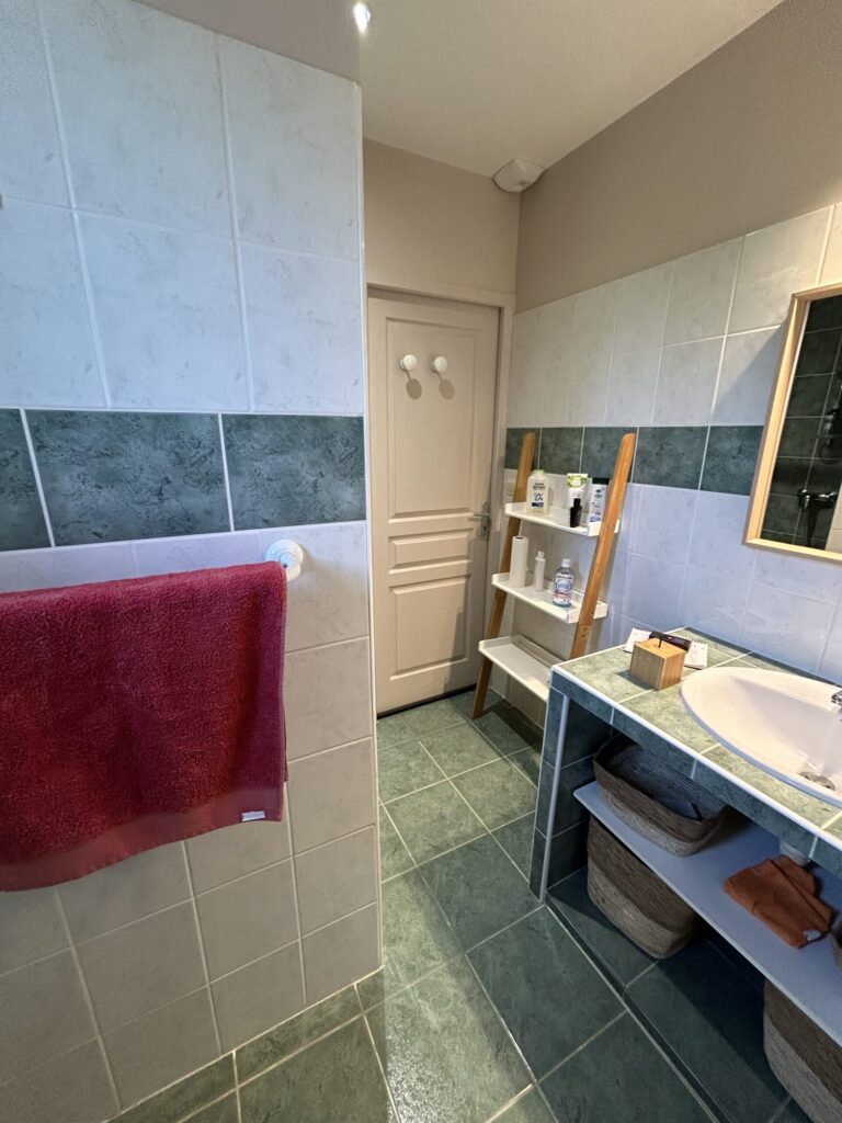 Salle de bain avant rénovation avec ancienne baignoire, ancien meuble vasque et anciens revêtements.
