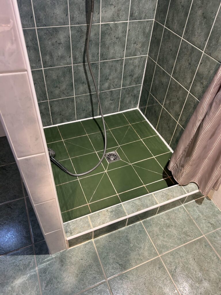 Receveur de douche extra-plat avec paroi vitrée dans une salle de bain rénovée par Drôme Rénovation.